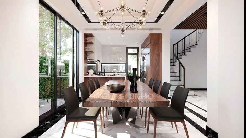 Bộ bàn ăn gỗ tự nhiên được thiết kế lạ mắt tạo nên một không gian dùng bữa đầy ấn tượng