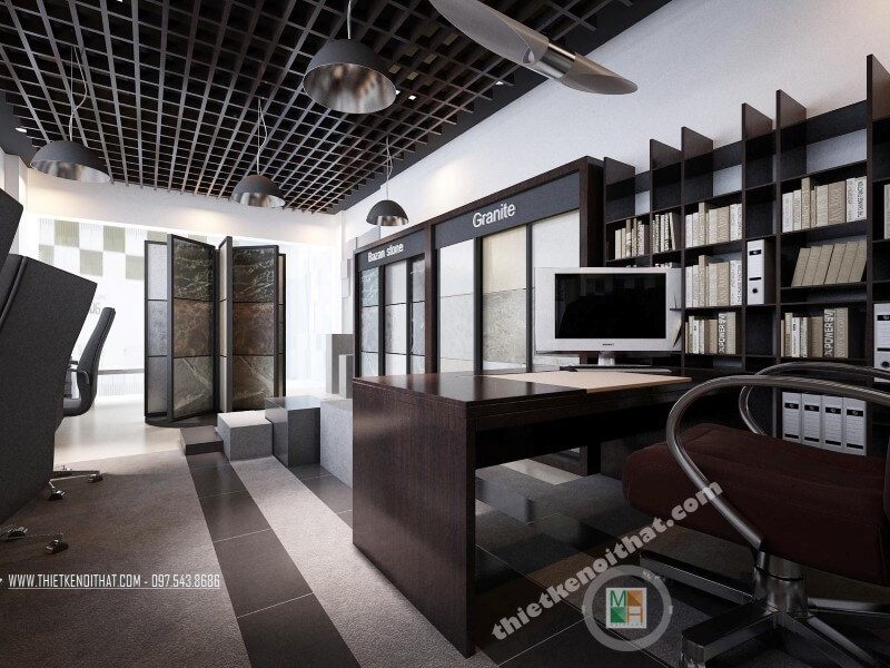Mẫu thiết kế văn phòng showroom đá tự nhiên đẹp kết hợp đồ nội thất gỗ công nghiệp mang đến một không gian làm việc chuyên nghiệp
