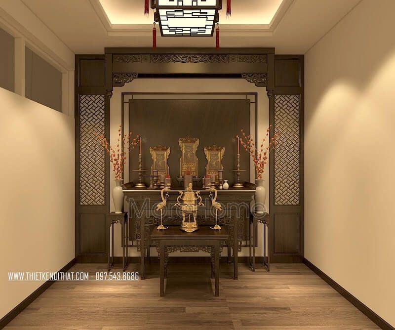 Mẫu bàn thờ 2 tầng gỗ sồi đẹp với đường nét hoa văn tinh tế mang đến vẻ đẹp sang trọng, trang nghiệm cho không gian thờ cúng