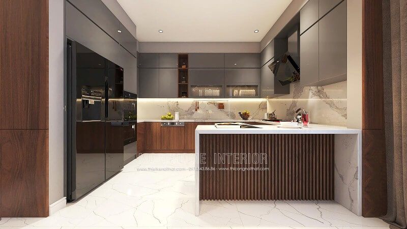 Bố trí nội thất phòng bếp đẹp từ gỗ công nghiệp cao cấp kết hợp cùng đá ốp bếp sang trọng.