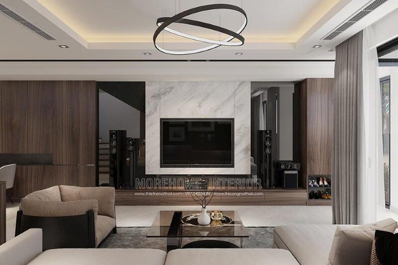 Trang trí tường phòng khách bằng đá tự nhiên đẹp sang trọng