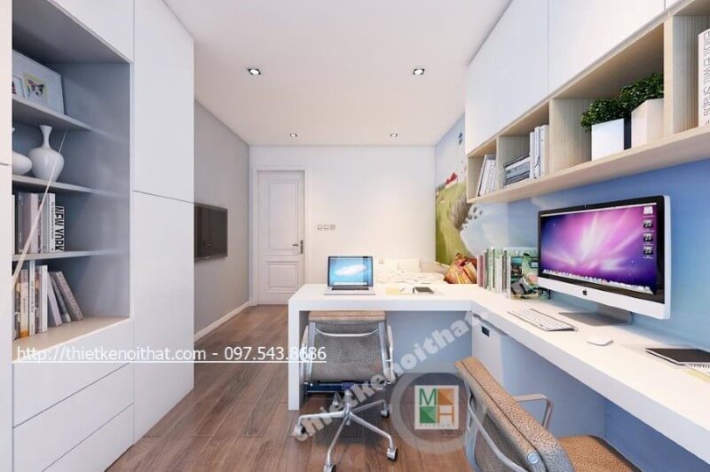 Bàn làm việc hiện đại được lựa chọn với gỗ công nghiệp nhẹ nhàng mà vẫn đảm bảo công năng sử dụng của sản phẩm