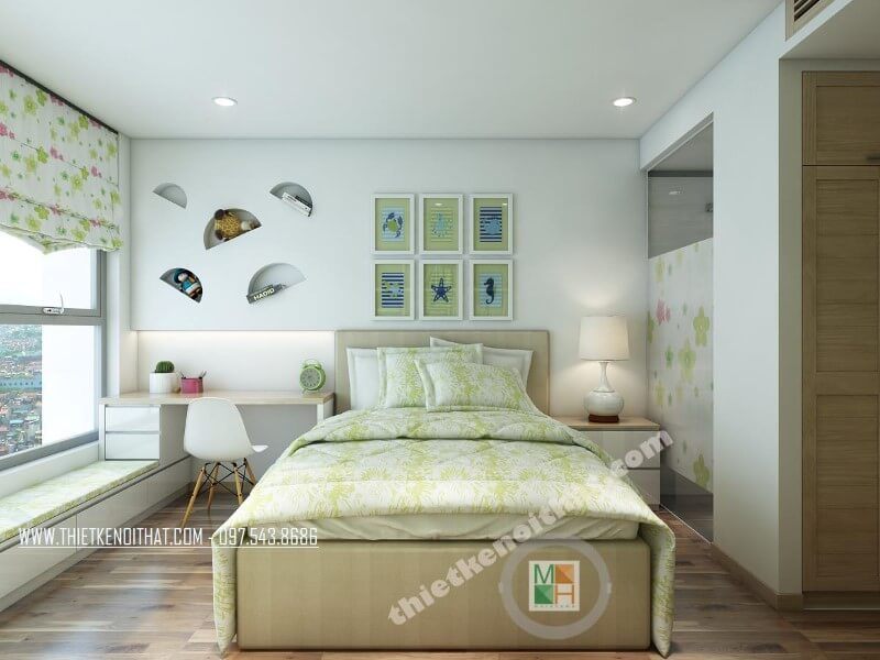 Mẫu thiết kế nội thất cho phòng ngủ của bé được tạo ra bằng cách kết hợp các đồ nội thất nhỏ gọn, tạo nên một không gian mơ ước.