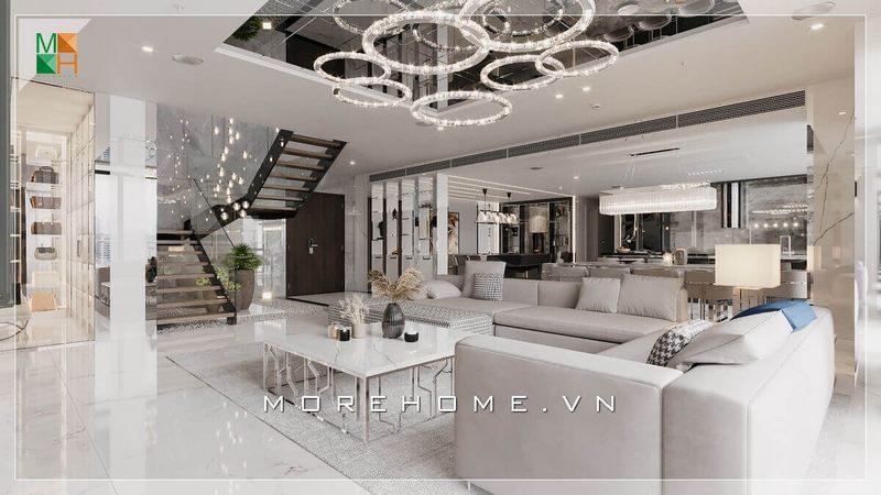 Mẫu thiết kế phòng khách dành cho biệt thự phong cách hiện đại được trang bị đồ nội thất có màu trắng xám tinh tế, sang trọng và cao cấp.